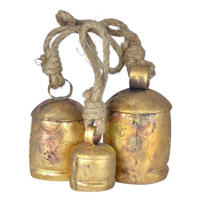 Set of 3 Large Rustic Iron Hanging Bells for Farmhouse Decor Cow Bell 2.5", 4.5", 5.5", Vintage Gold Christmas Ornaments with Jute Rope for Crafts
