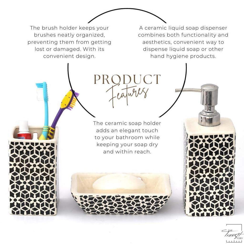 Ceramic Bathroom Accessories Set of 3 | Modern Luxury Bath Set with 300ml Soap Dispenser, Toothbrush Holder & Soap Dish | Home Decor Items