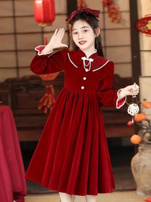 Girls' Winter 2025 Fashionable Red Fleece-lined Dress for Autumn and Winter - Children's Middle and Big Kids Winter Clothing