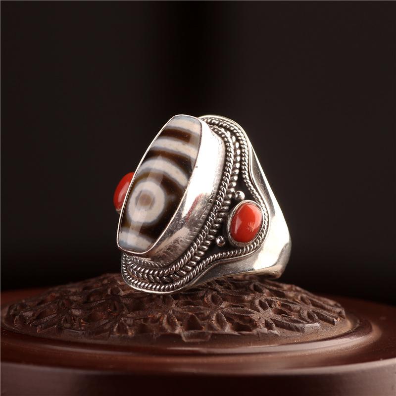 טבעת 1.18" אסוף סין משובץ כסף סטרלינג טהור מעולה חרוזי אלמוג אדום טיאנז'ו דזי