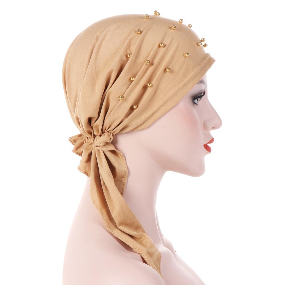 Women's Fashion turban hijab India Beading Muslim Stretch Turban Hat Cotton Hair Loss Head Scarf Wrap islamic headscarf