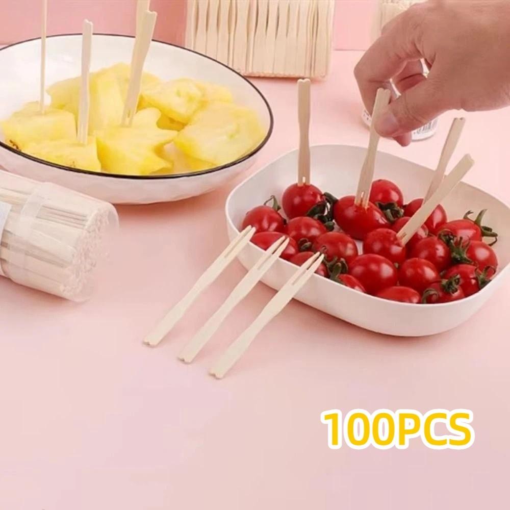 100Pcs Disposable Appetizer Forks Bamboo Dessert Cocktail Forks Restaurant Tableware  Household Use