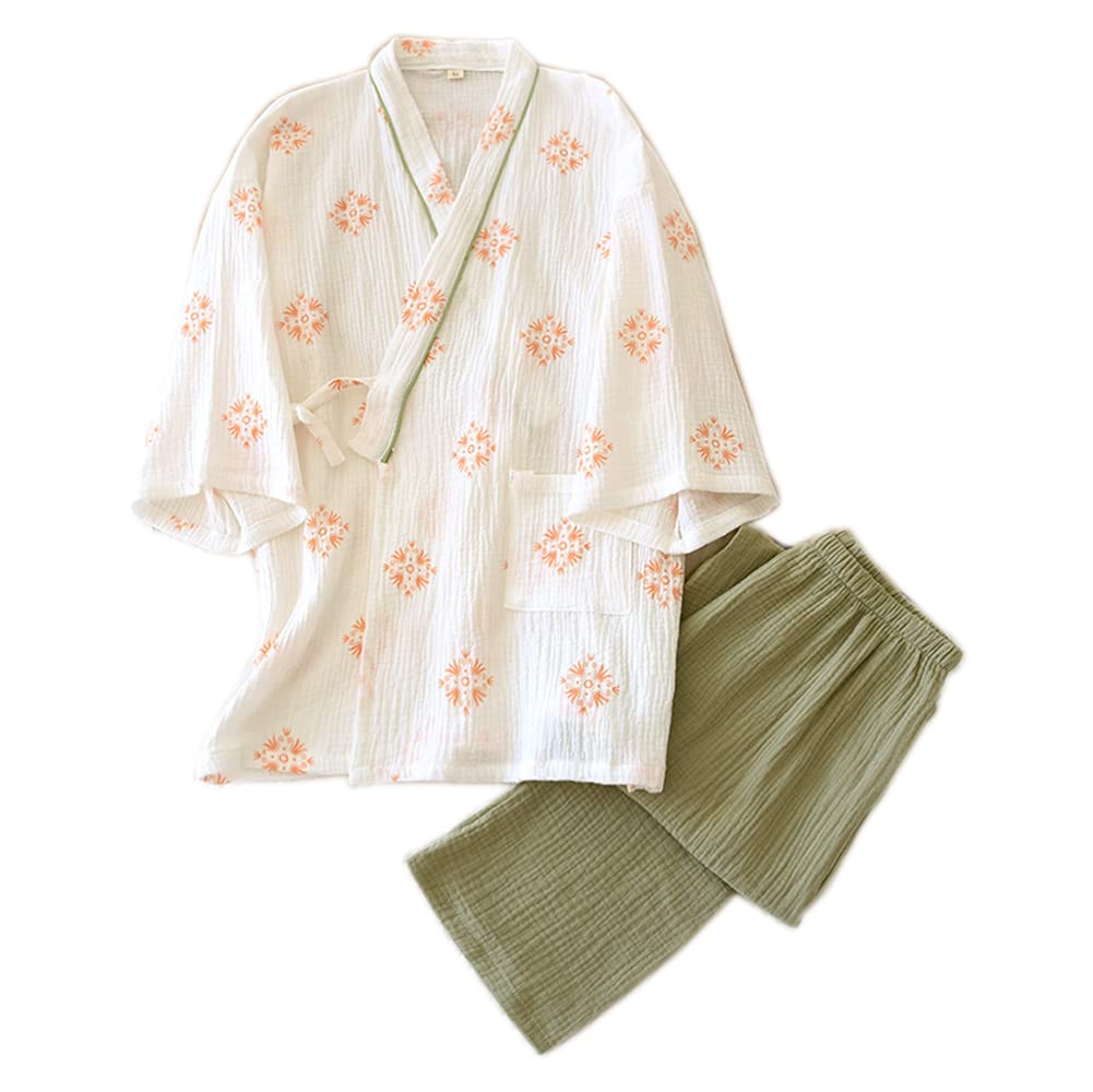 

IDOHEMO Джинбей Топ с коротким рукавом и низ Хлопок Свободный Дышащий Размер L Женская пижама, Комплект, Длина 3/4, 100% Марля, Посадка, Домашняя одежда, Зеленый, зелёный