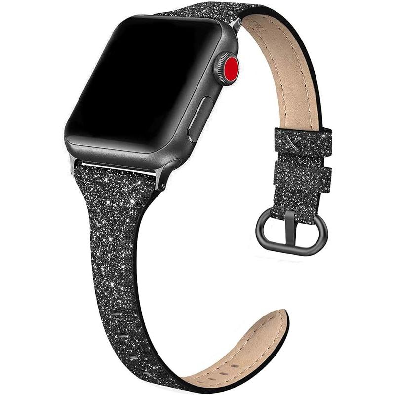 Genuine Leather Band Compatible for Apple Watch 42mm (Series 10) 41mm 38mm 40mm, Shiny Glitter Matte Slim Thin Leather Strap Compatible with iWatch Glistening Black