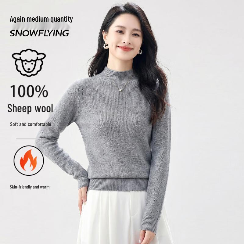 SNOWFLYING Women's Semi-High Neck 100% Pure Wool Pullover Sweater