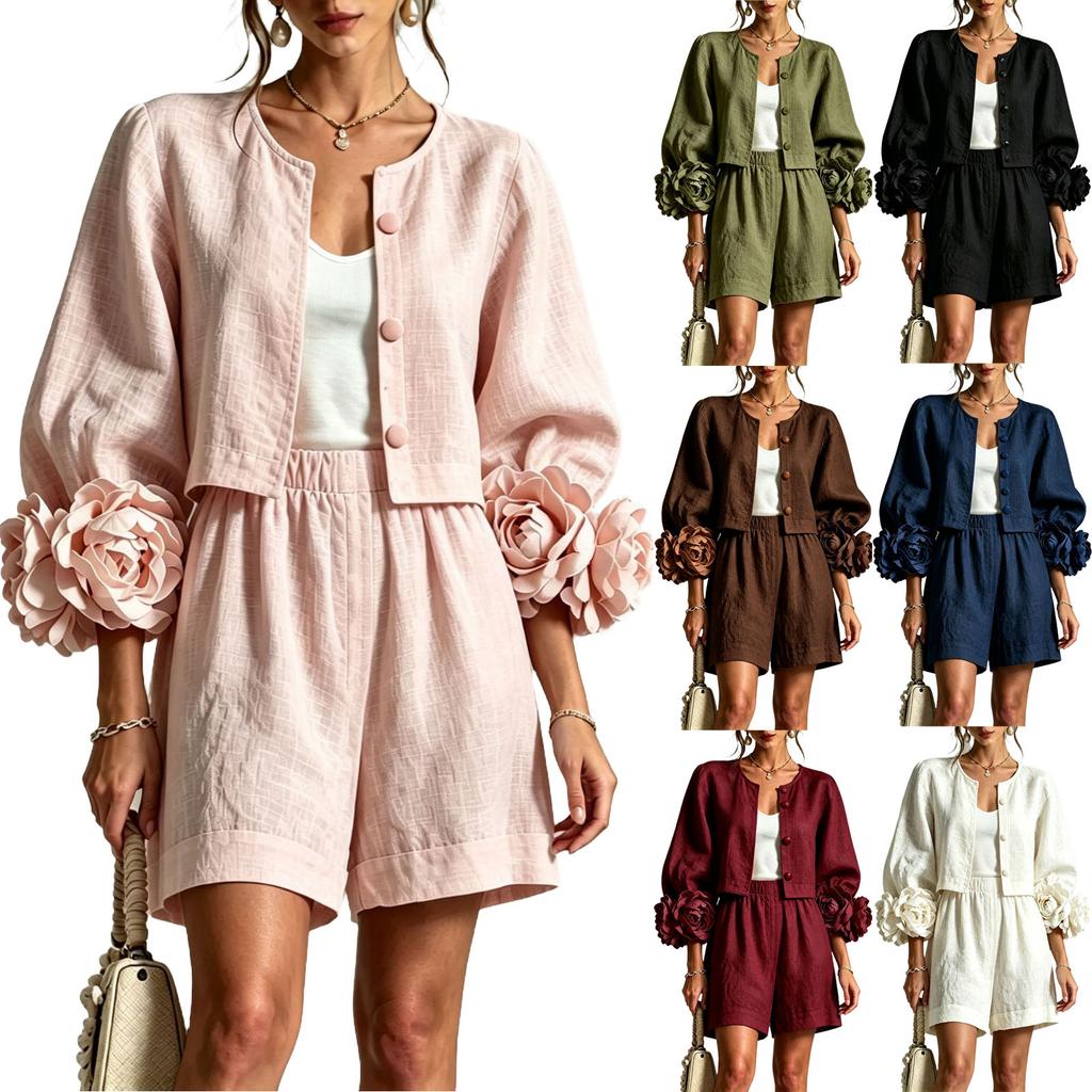 Lässiges Damen-Zweiteiler-Outfit, Kurz geschnittene Strickjacke mit floraler Verzierung und High-Waist-Shorts