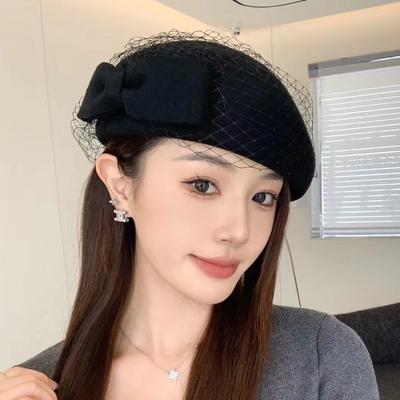 French Mesh Bow Beret Children Autumn and Winter Australian Wool Woolen Felt Hat British Top Hat Retro Stewardess Hat