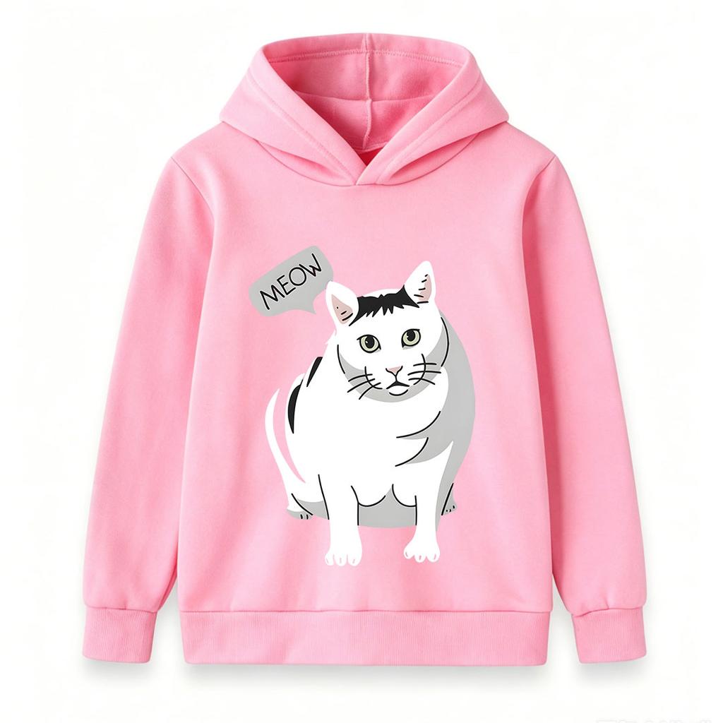 Kids Boys Girls Pullover Hoodie, Cute White Cat Print With MEOW Letter Pattern Casual Warm Hooded Sweatshirt For Daily Wear Street Style For Cat Lover