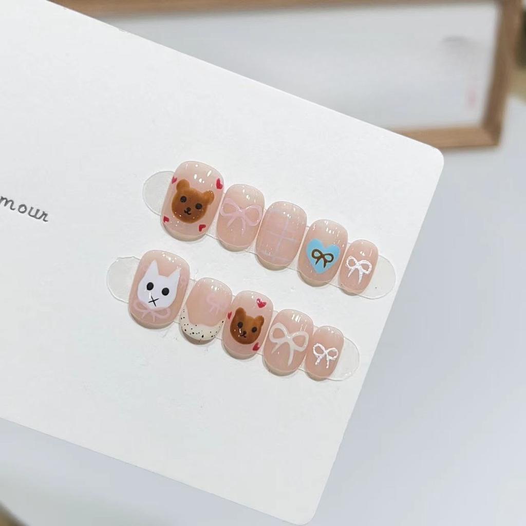 Pure Hand-woven Armor Short Nude Color Hand-painted Cartoon French Cute Animal Manicure Removable Fake Nail Patch