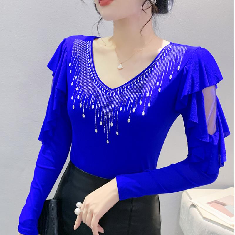 High Quality Spring Autumn Women Blue Black Mesh Inlaid Diamonds Ruffles TShirt Fashion Long Sleeve Slim Tops Sexy V-neck Casual Tees
