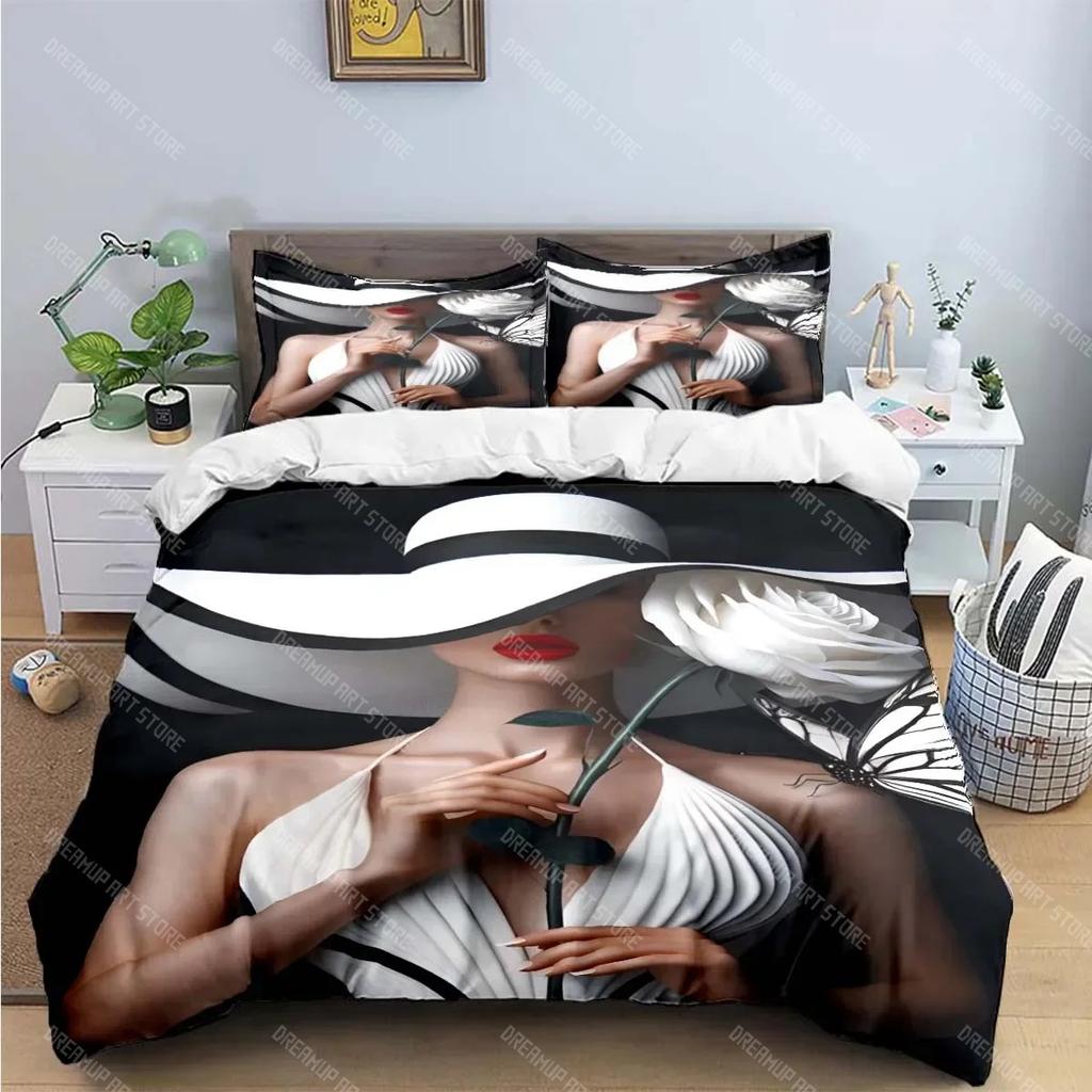 Schwarz-Weiß-Druck Bettwäschesets Bettzubehörset Bettbezug Bettdecke Set Bettwäscheset Luxusgeschenk Mode Neue Frau-Sexy