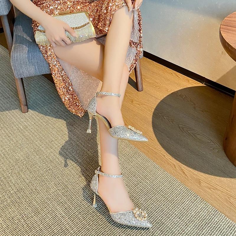 Fashion New Thin Heels Bling Glitter Pumps Women Fahsion Pearl Buckle High Heels Shoes Woman Pointed Toe Ankle Strap Wedding Party Shoes