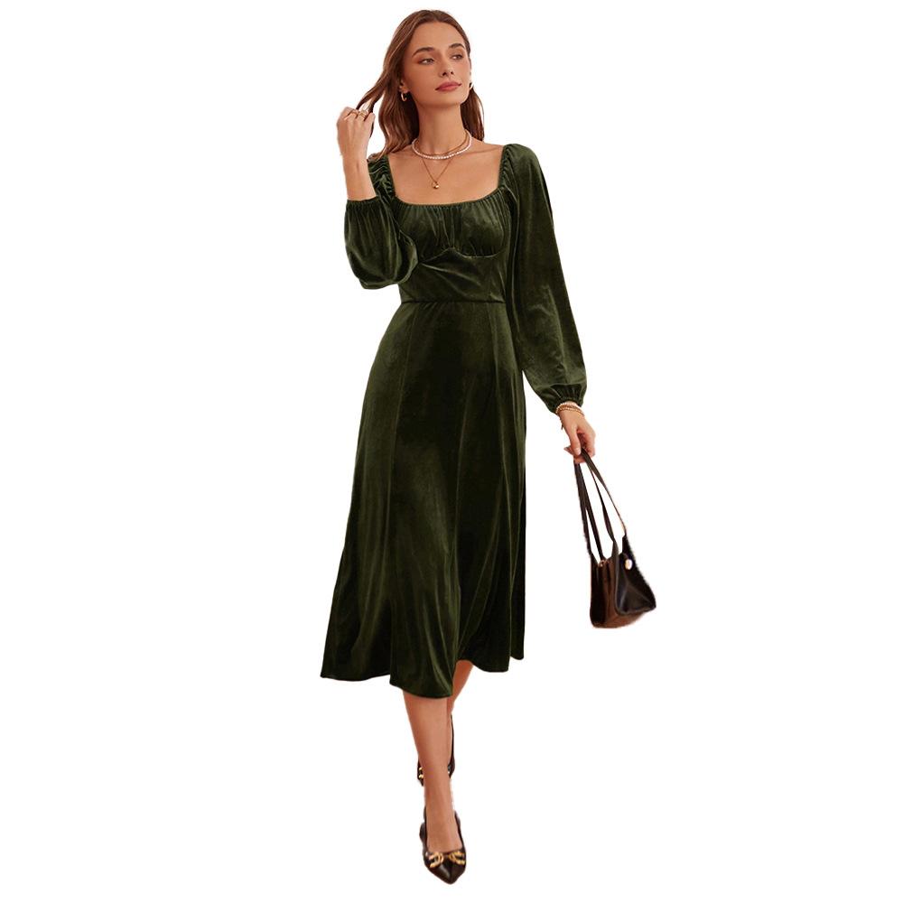 European and American Women's Clothing 2026 Autumn and Winter New French Retro Slim Square Collar A-shaped Skirt Long-sleeved Velvet Dress