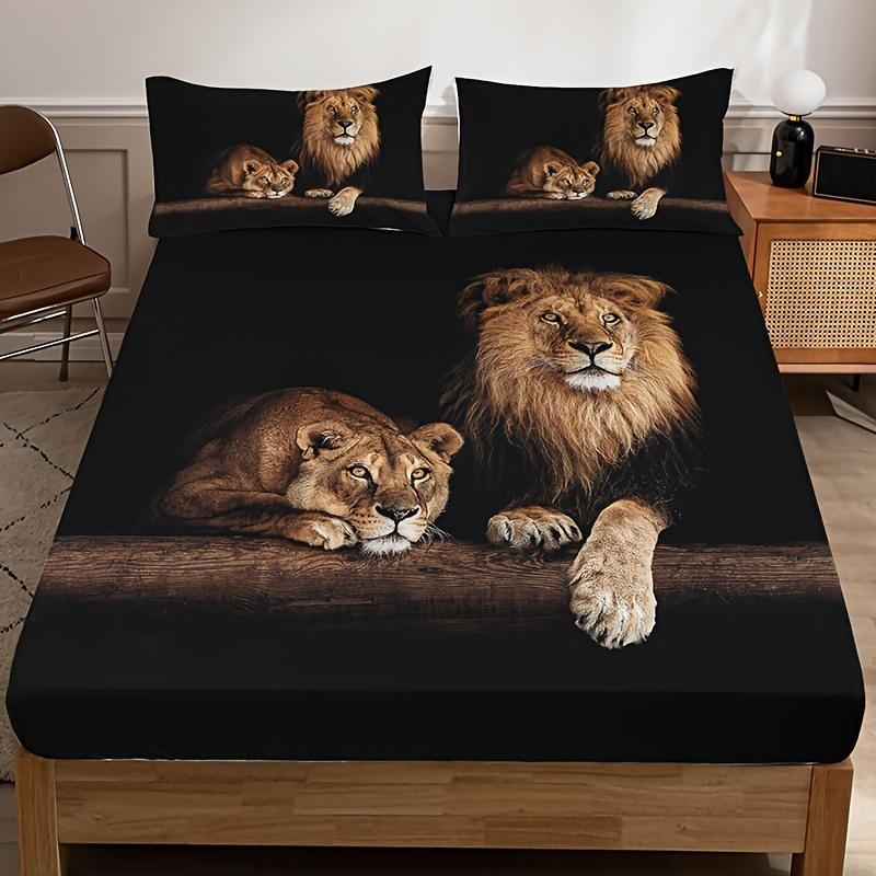 

3pcs Fitted Sheet Set Black Lion Animal 3D Printed 100% Polyester Cover Breathable Bedding Set Home Decor with 2 Pillowcases 99x190x25cm