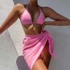Women's Summer Fashion Sexy Solid Color Backless Lace-up  Waist  Veils Knot Hem Bikini  Three-pieces Swimsuit