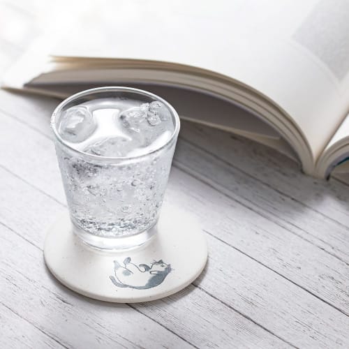 &NE Ceramic Diatomaceous Earth Coaster, Neko (Baking In the Sun), White, 9.7cm Diameter X 0.6cm Thick, Made In Japan, Mino Ware, Asbestos-Free, Absorb