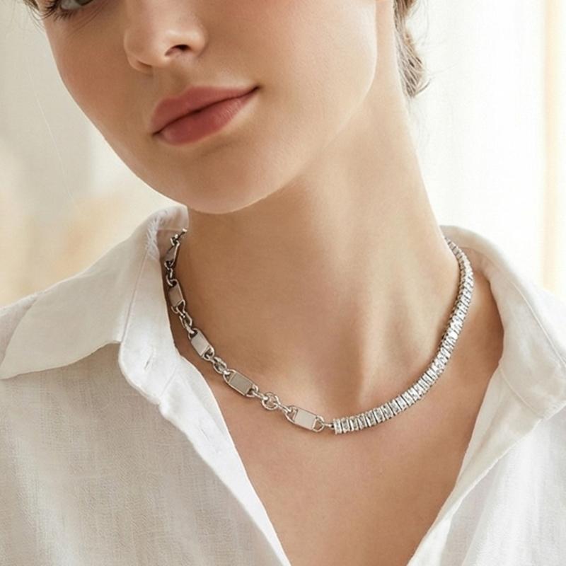Geometric Zirconia Chain Necklace Stainless Steel Adjustable Length Collarbone Chain For Women Layering Jewelry