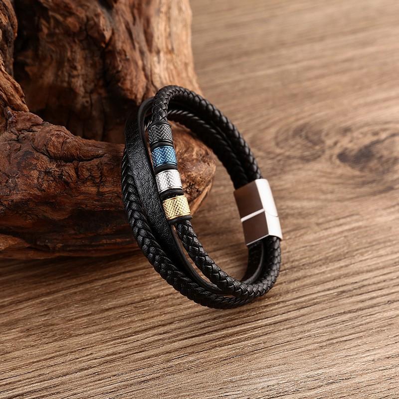 Mens Minimalist Multi-Layer Braided Leather Bracelet Stainless Steel Cuff Geometric Design Adjustable Size
