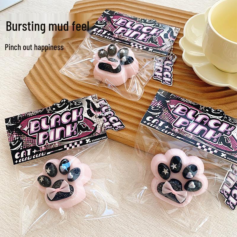 Jouet Anti-Stress à Presser Patte de Chat Rose & Noir - Doux, Décompression Type Boue, Article Blind Bag