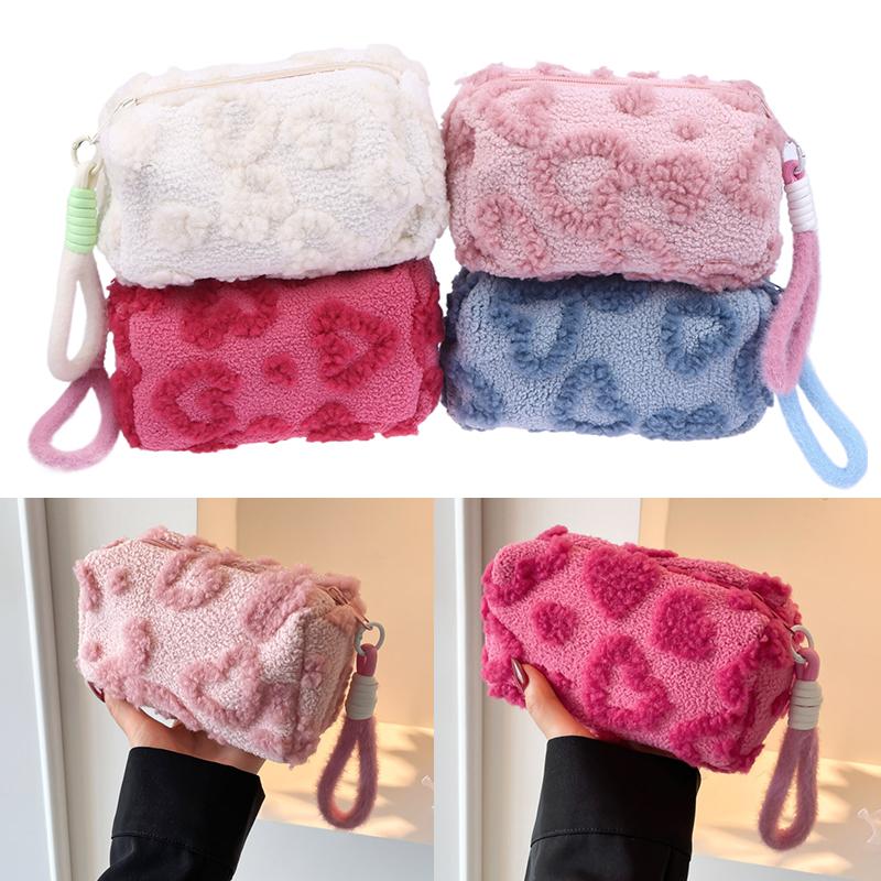 Plush Makeup Bags With Handle Soft Travel Cosmetic Storage Bag Portable Love Print Organizer Pencil Case Cute Clutch Pouch
