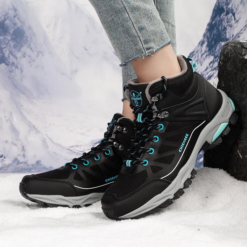 Damen Winterstiefeletten, Schneestiefel aus Samt, lässig, PU, zum Schnüren, warme Baumwollschuhe, groß, hoch, dick, rutschfest, Wanderschuh, Größe 37–42