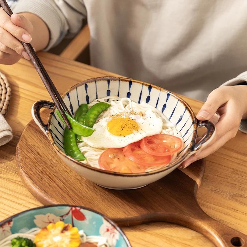 Flowers Plants Japanese Household Noodle Bowl Ceramic Soup Bowl with Handle Salad Bowl Kitchen Tableware Microwave Oven Secure