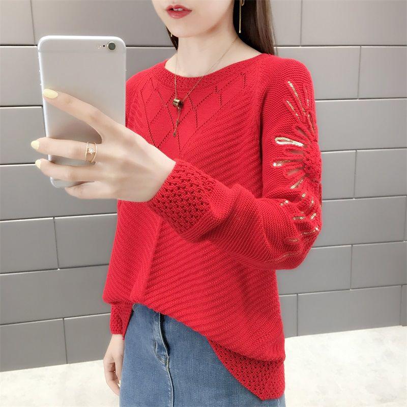 

Новый женский пуловер, модный однотонный полый свитер, свитер с круглым вырезом с длинными рукавами, кардиган, короткая строчка S 42.5-47.5KG красный
