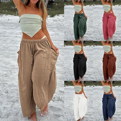 Damen Leinenhose Lässig Kordelzug Taille Hose Locker Weites Bein Hippie Hose Mit Taschen