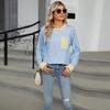 Spring Autumn Long Sleeve O Neck Striped Single Pocket Women Pullover T Shirt Blouse Top