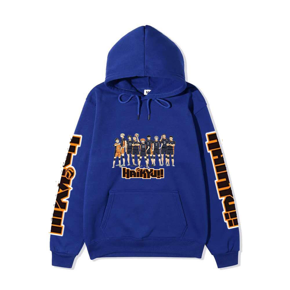 Felpa Unisex con Cappuccio in Pile Haikyuu Karasuno Squadra Intera Manica Doppia Stampa Logo Haikyuu Anime Pallavolo Felpa con Cappuccio a Manica Lunga
