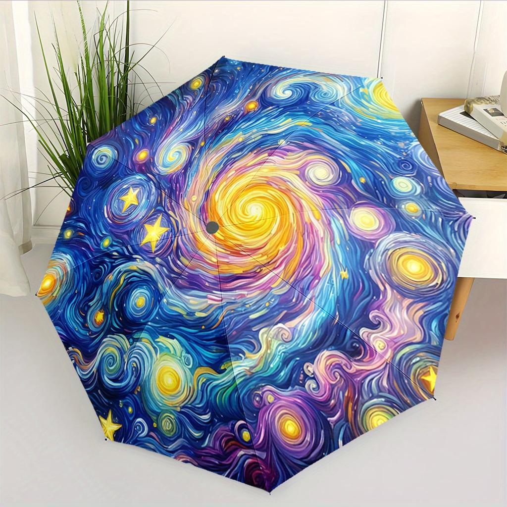 Automatic Open/Close Umbrella with One-Touch Button - Van Gogh Starry Night Design, Compact Folding Umbrella with 8-Rib Strong