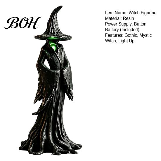 Resin Magic Figurine Halloween Witch Statue, LED Light Up Gothic Figurine, Haunted House Prop Dark Fantasy Mysterious Sculpture for Desktop Bookshelf