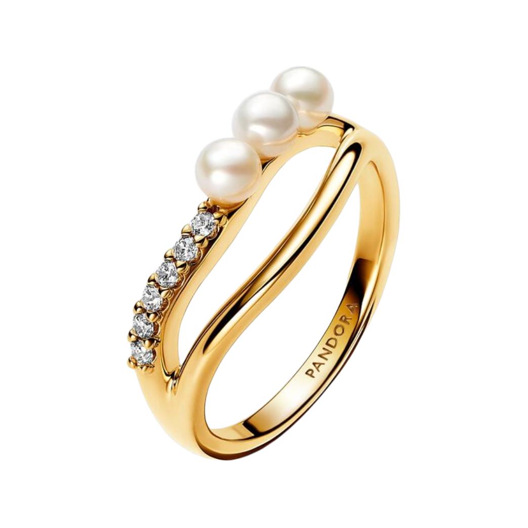 Pandora Freshwater Pearl Edged Double Ring Design Women ring Gold 163258C01 Box,52