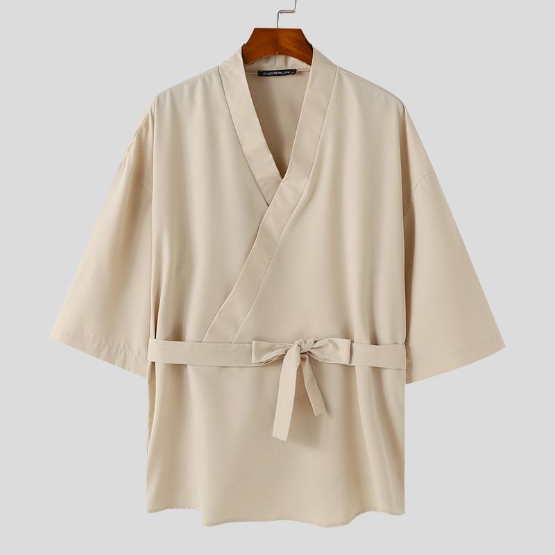 INCERUN Men V Neck 3/4 Sleeve Bandage Cardigan Loose Kimono