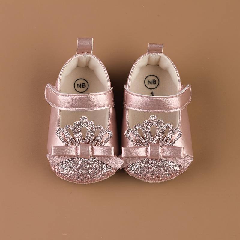 Flat Crown-Patterned Princess Shoes for Newborn Girls Aged 0-1, Featuring a PU Butterfly Knot And Glittery Design, Perfect for Spring And Summer