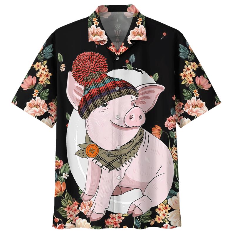 

Гавайская рубашка с рисунком свиньи для мужчин, 3D-принты с животными, короткие рукава, летние рубашки свободного покроя с лацканами, уличные блузки на пуговицах XL