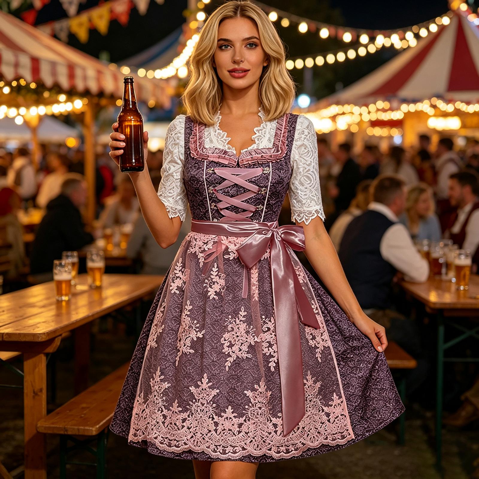 Sieviešu Oktoberfest kleita ar mežģīnēm, piemērota