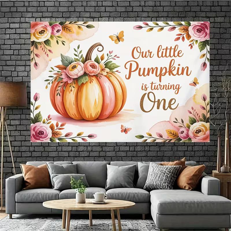 2D Floral & Butterfly Pumpkin Backdrop for Autumn Baby Shower and 1st Birthday Decor