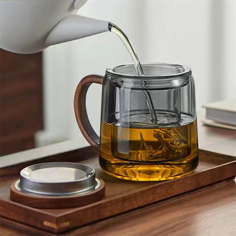 Tea Water Separation Glass Tea Cup With Walnut Wooden Handle Chinese Heat Resistant Puer Filter Cups Kung Fu Tea Cup Set
