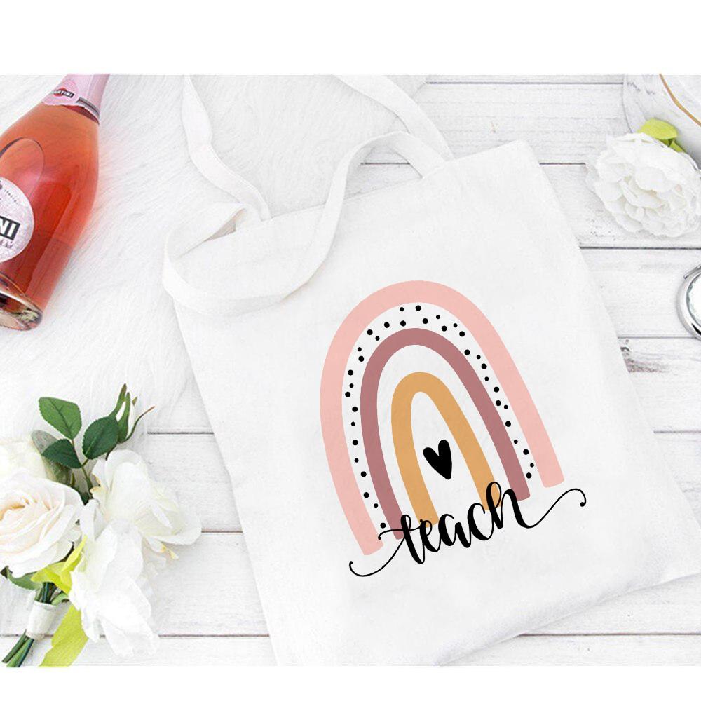 Einkaufstasche aus Segeltuch mit Regenbogen-Leopardenmuster für Lehrer, Geschenk für Lehrer, modische Damen-Umhängetaschen