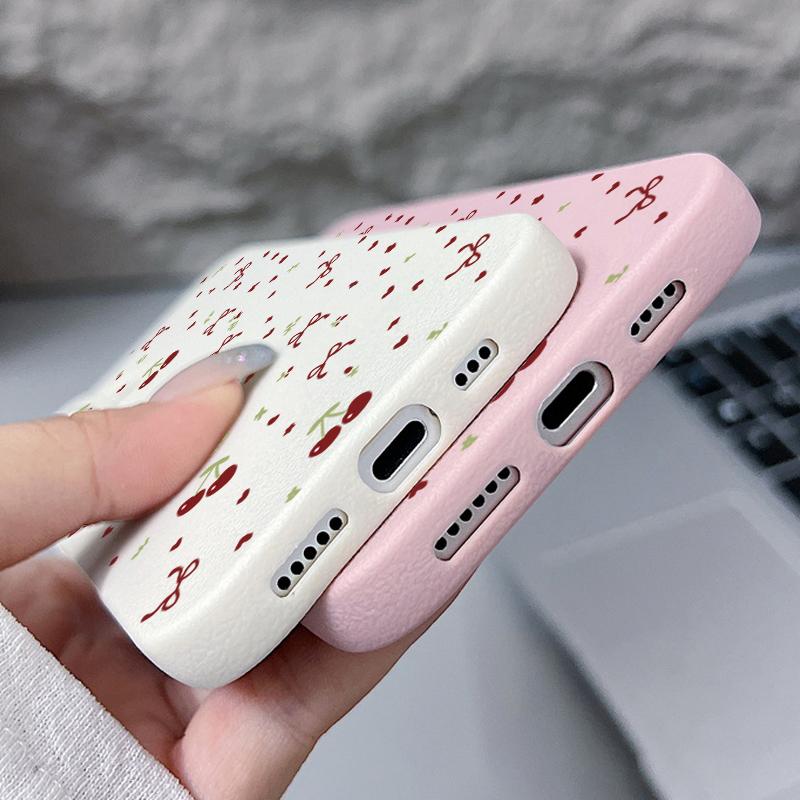 Little Cherry Bowknot Print Soft Matte Case For iPhone 16 Pro Max 15 Pro 14 13 12 11 TPU Leather Texture Shockproof Slim Phone Cover