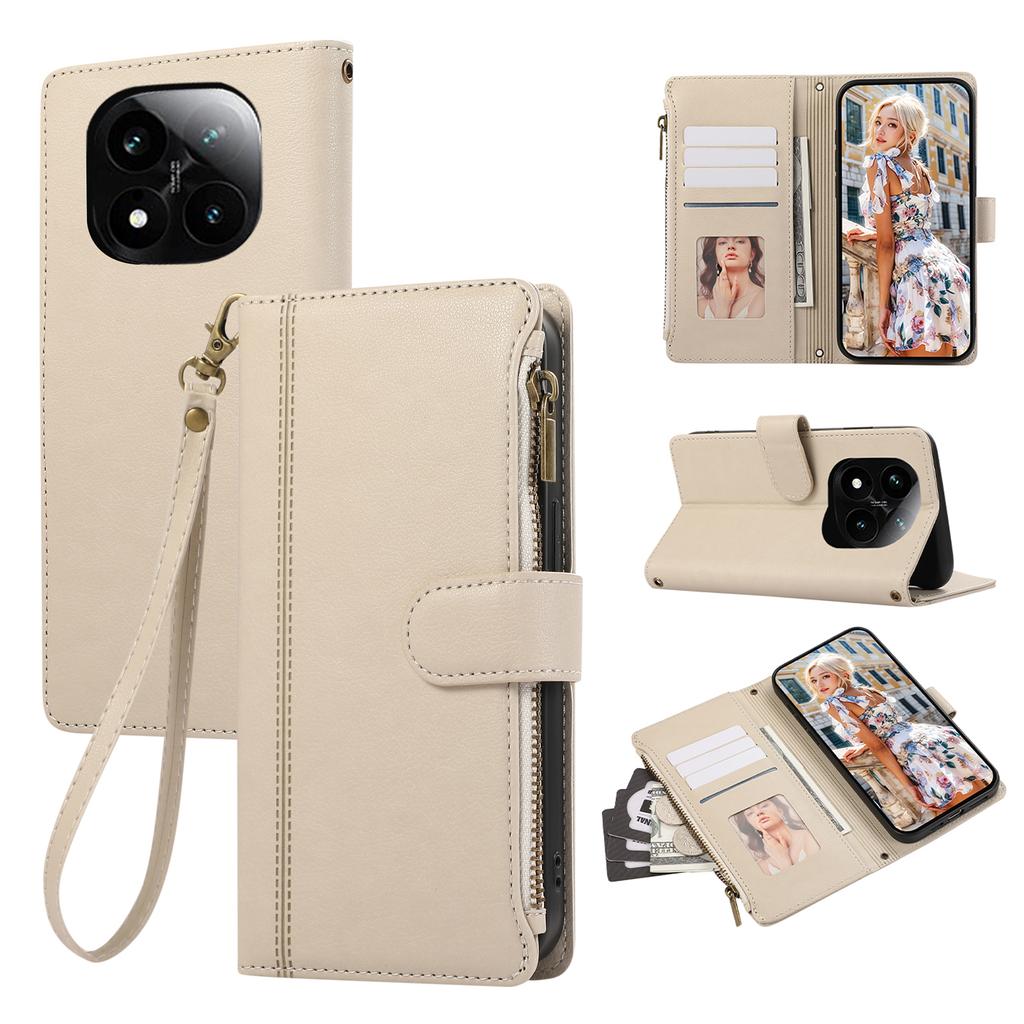 Pouzdro na telefon pro Xiaomi Redmi Note 14 Pro 5G/Note 14 Pro+ 5G/Poco X7 5G s více sloty na karty, kožený kryt na zip s poutkem na zápěstí
