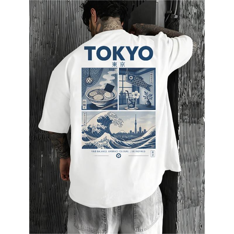 European Sizes Men's Tokyo Wave T-Shirt, Kanagawa Graphic Print, Edgy Japanese Streetwear Top, Quick Dry Loose Fit Breathable Tee