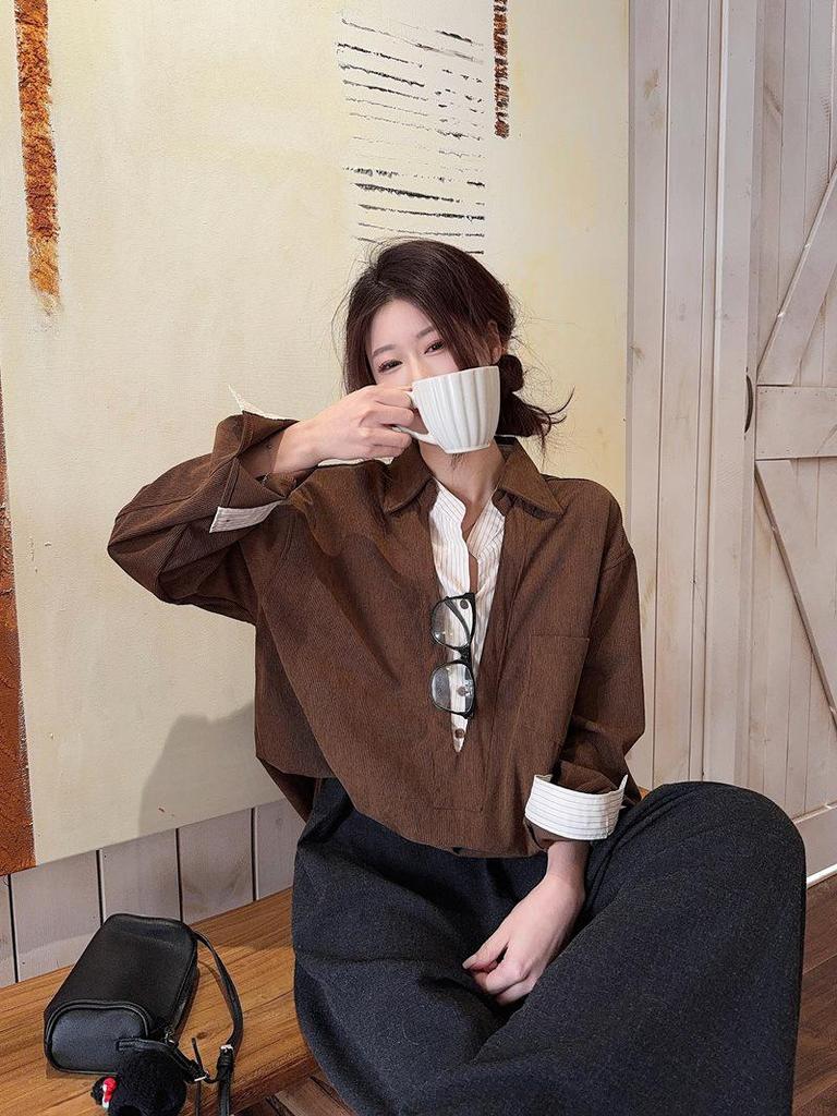 Korean Retro Coffee-Toned Two-Piece Effect Patchwork Shirt - Women's Spring 2026 Long Sleeve Top