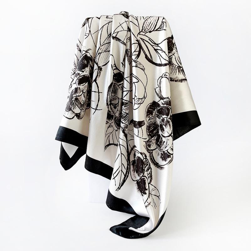 90cm Rayon Satin Scarf – Camellia Print Headscarf: A Trendy, Versatile Shawl for Women