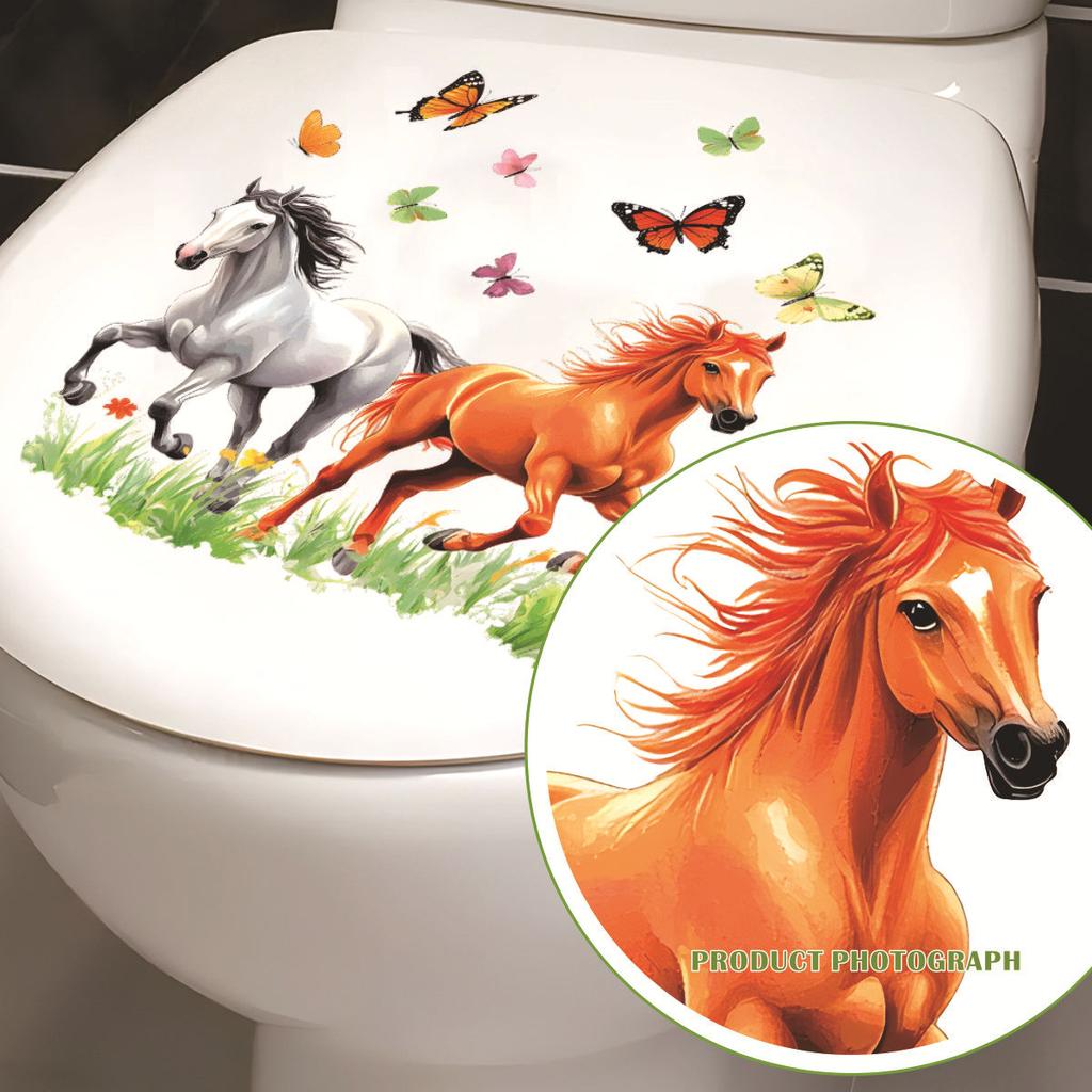 Elegant Horse & Butterfly Toilet Stickers, Waterproof Removable Self-Adhesive for Bathroom Decor