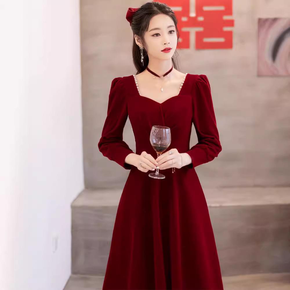 New Toast Clothing Bride Autumn and Winter Long Sleeve Wedding Engagement Dress Dress Red Atmospheric Return Door Clothing Women