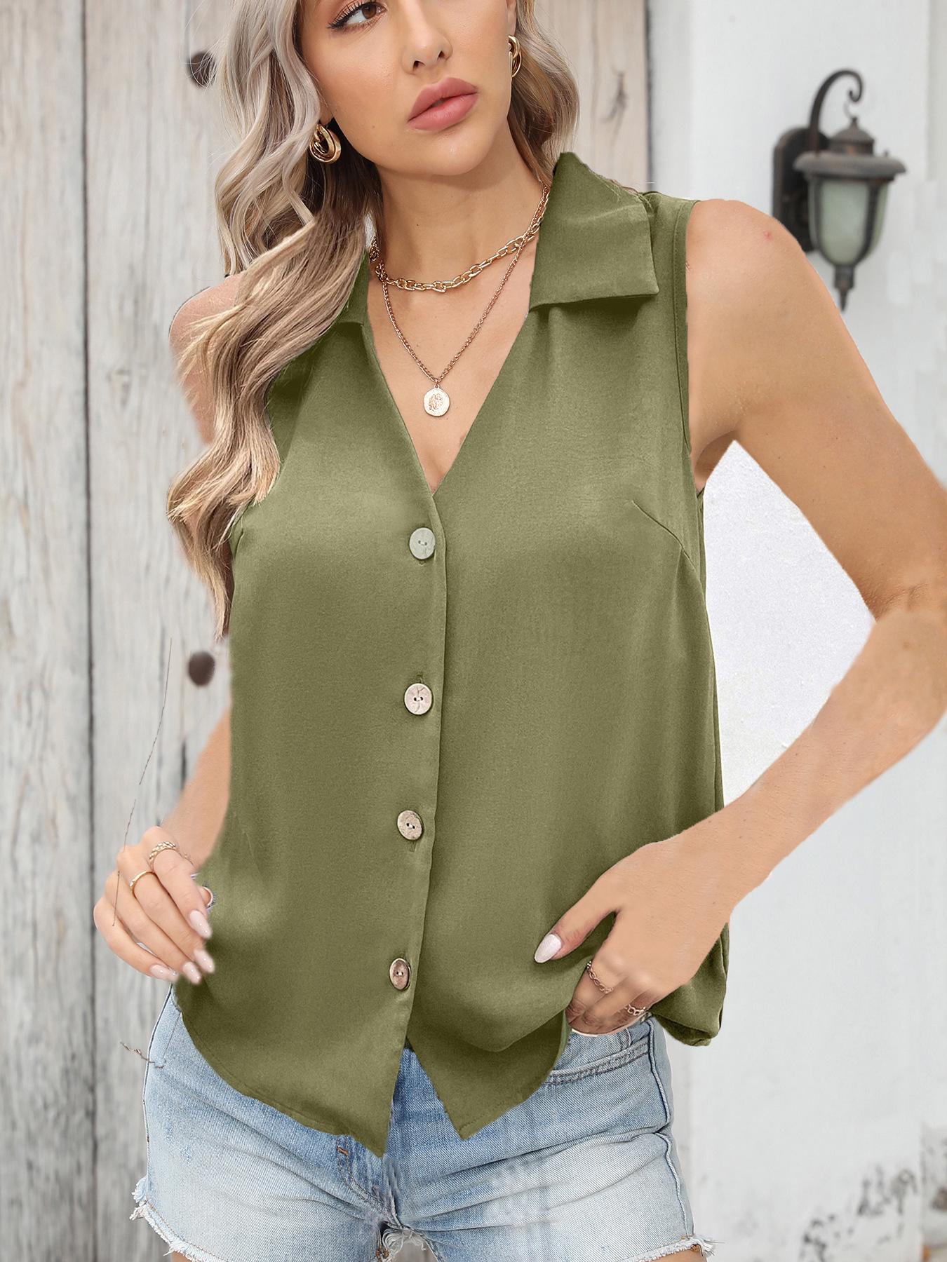 2026 Women s Solid Color Sleeveless V-Neck Chiffon Shirt with Twist Button Detail S армия зеленый