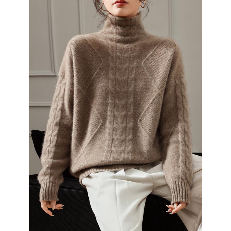 Women's French High Neck Wool Sweater - Diamond Twist Pattern, Loose Fit, Warm Knit Pullover