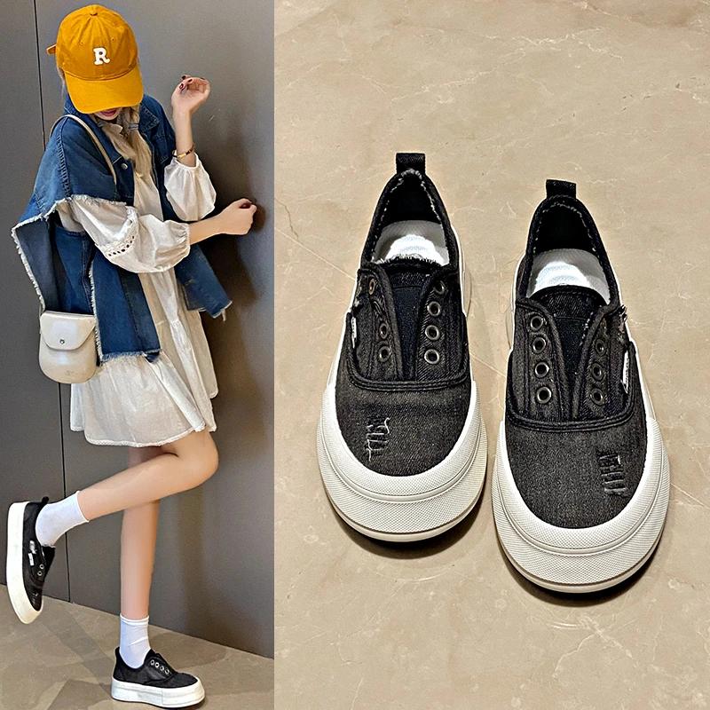 Fashion 2024 New Female Footwear Canvas Off White Women's Shoes High On Platform Slip Original Cotton Comfortable and Elegant Light Shoe